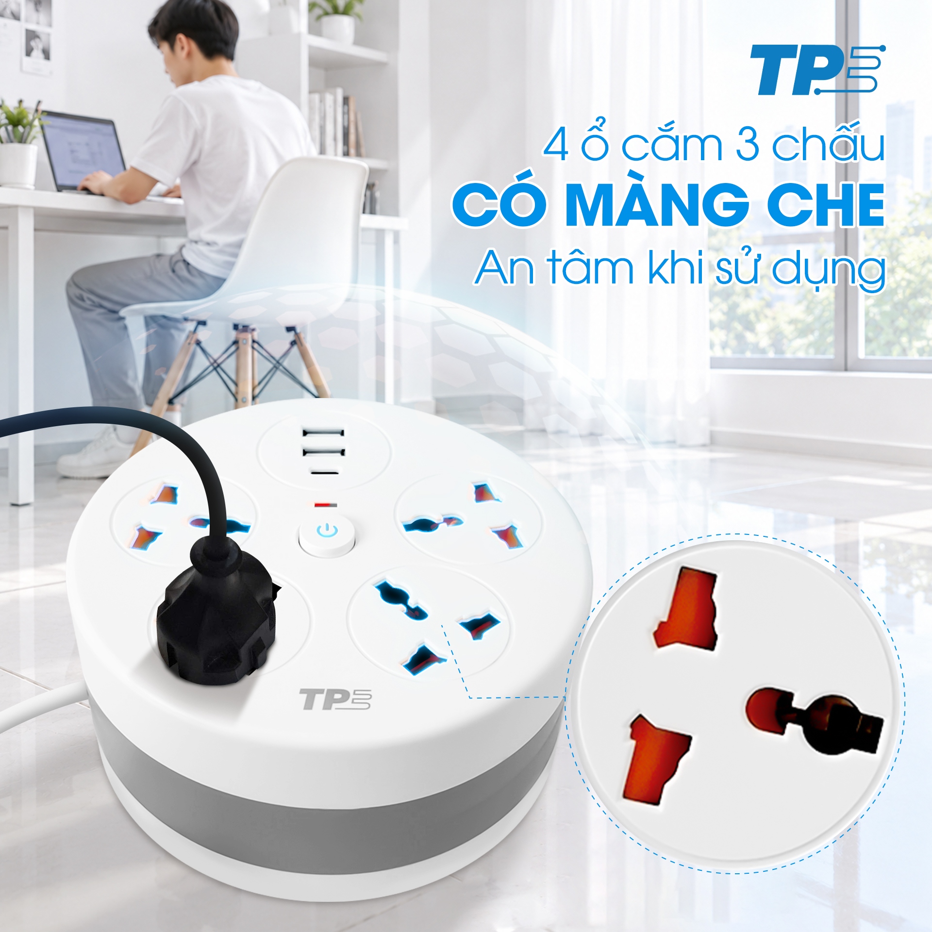 Ổ Cắm Kéo Dây Đa Năng USB TPE
