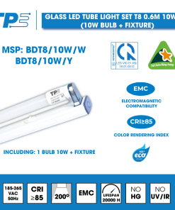 Glass LED Tube Light Set T8 0.6M 10W TPE (10W Bulb + Fixture)