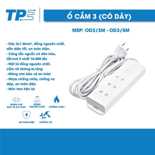 Ổ Cắm Điện Đa Năng 3 Ổ Cắm (Dây 3M,5M)