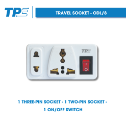 Travel socket, 1 three-pin socket - 1 two-pin socket - 1 ON/OFF switch TPE