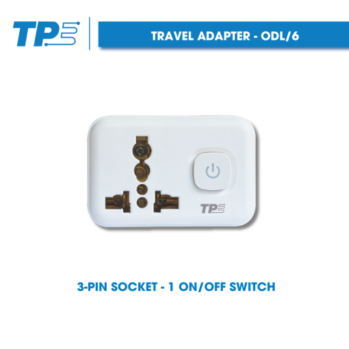 Travel adapter, 1 3-pin socket - 1 ON/OFF switch TPE