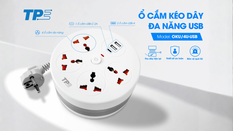 Ổ Cắm Kéo Dây Đa Năng USB TPE