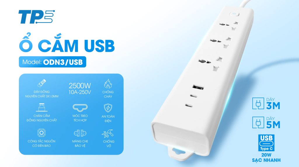 Ổ Cắm USB TPE ODN3/USB: Sạc Nhanh Type-C 20W, Đầy Pin Siêu Tốc